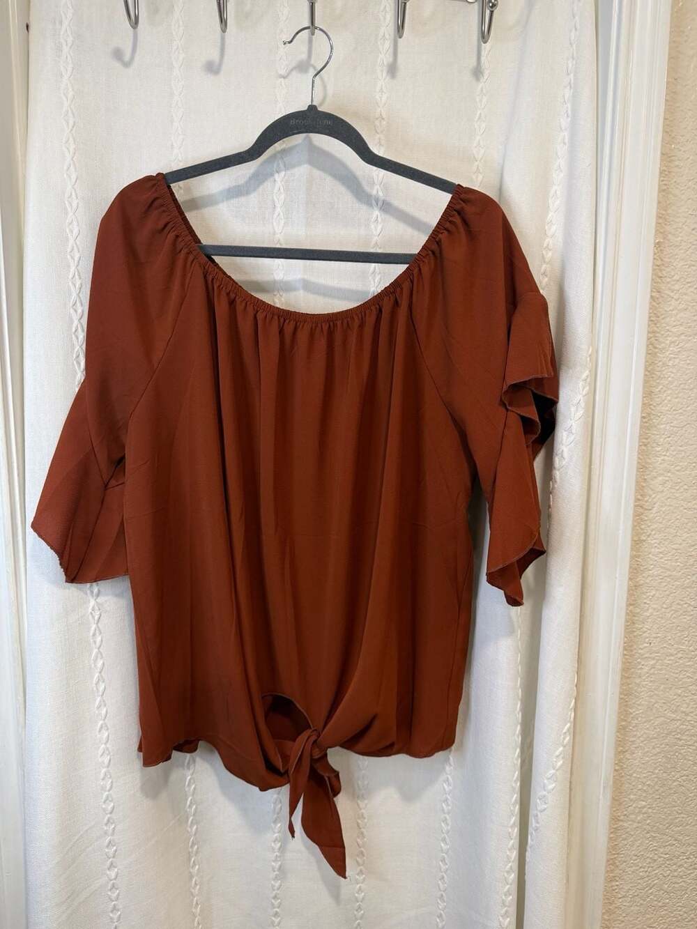 Lucky & More Womens XL Rust Brown Off Shoulder Blouse Ruffle Sleeve Tie Front